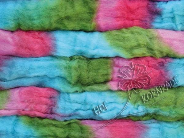 Kammzug Merino bedruckt "Grün-Türkis-Koralle" 66g