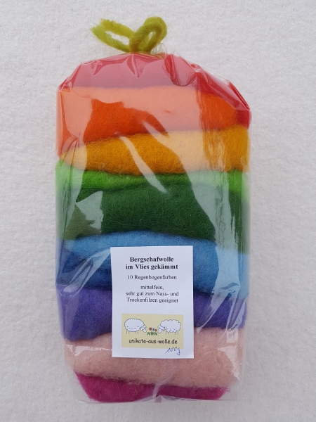 Krempelvlies Bergschaf - Farbzusammenstellung Regenbogen 100g