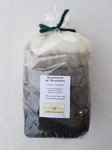 Krempelvlies Bergschaf - Farbzusammenstellung Natur, Grautöne 100g