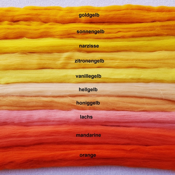 Kammzug Merino Farbzusammenstellung "Gelb-Orange" 100g